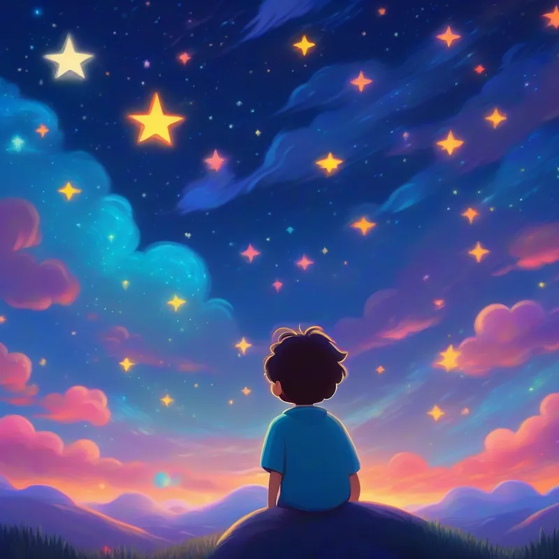 Céu looking at the heart-shaped star, colorful night sky