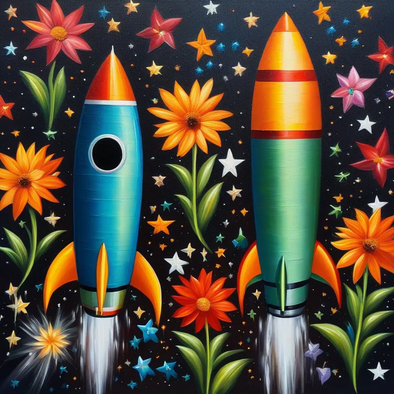 Stars, flowers, rocket, perfect pair