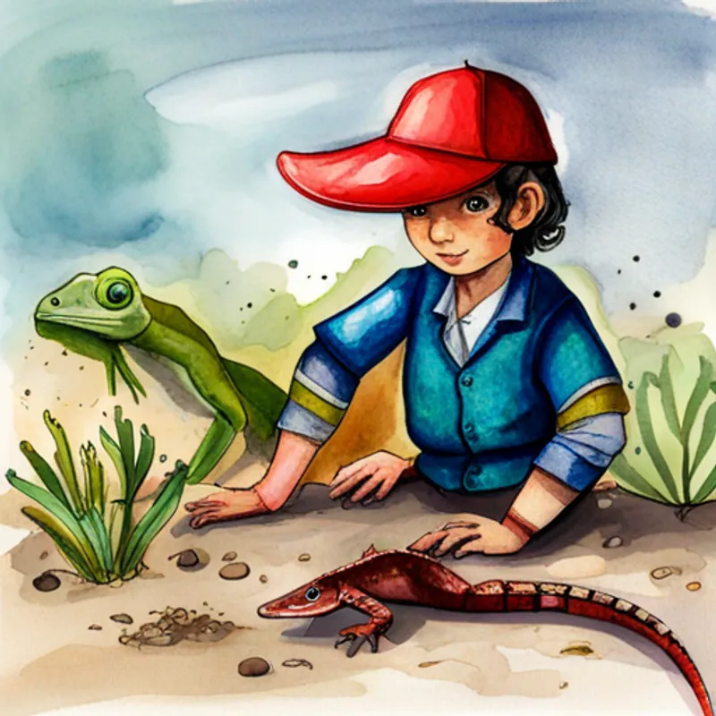 Captain with a red hat and a black eyepatch naming the creatures Colorful lizards with shiny scales and big tails