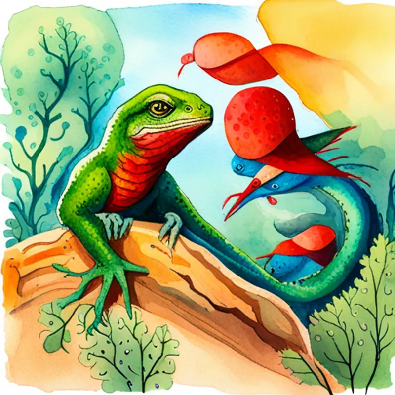 Captain with a red hat and a black eyepatch teaching confidence to the Colorful lizards with shiny scales and big tails