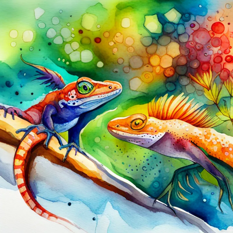 Colorful lizards with shiny scales and big tails facing fears and exploring the world