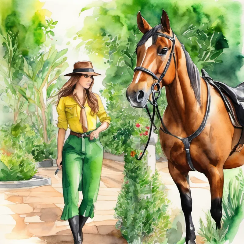 Valentina: Pelo castaño, ojos verdes Una detective valiente y decidida montando en su caballo en los hermosos jardines del castillo