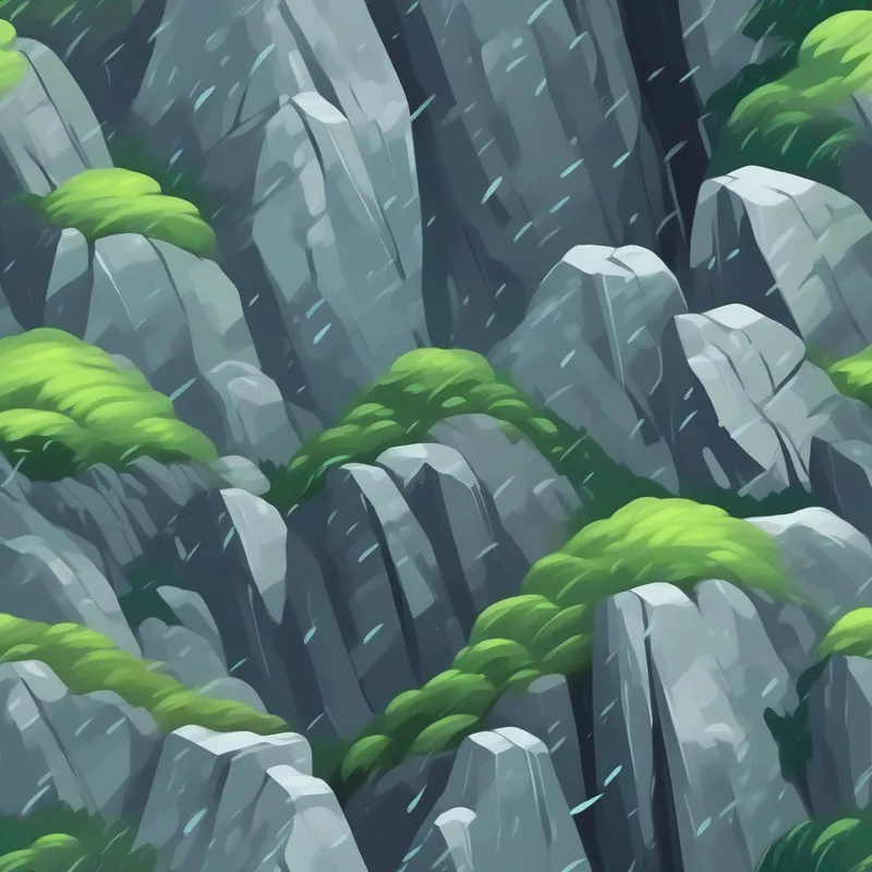 Rainy and perilous mountainside, gray and slippery rocks.