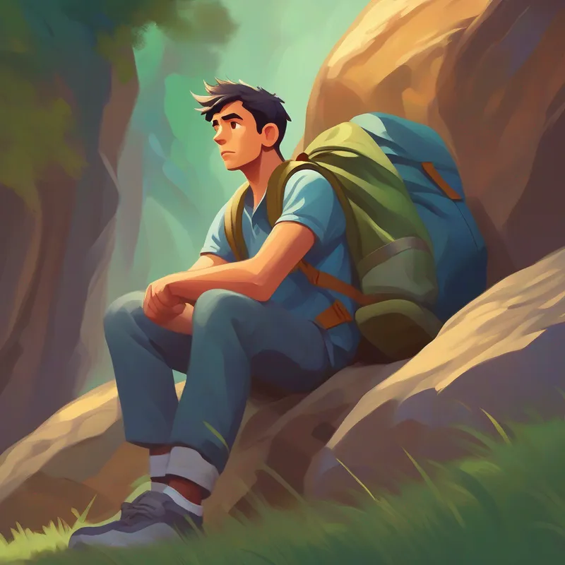 A determined man with a backpack and unwavering spirit. resting with a thoughtful expression, backpack wedged under boulder.