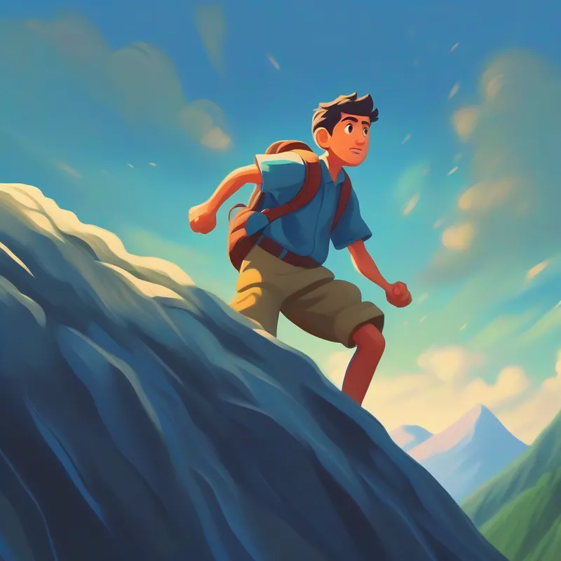 A determined man with a backpack and unwavering spirit. descending the mountain with a determined expression.