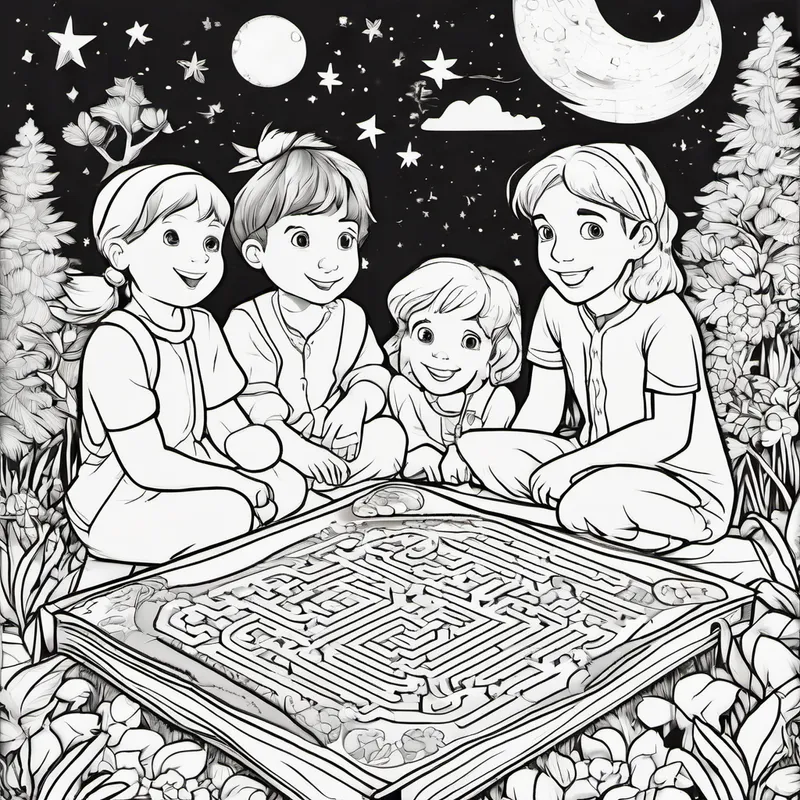 Once upon a time, in a magical land called Bookland, there were three friends named Ahmed, Aisha, and Sarah. They loved playing games and solving puzzles together. One beautiful summer evening, as the sun was setting and the stars were twinkling in the sky, they decided to have a sleepover at Ahmed's house. Ahmed's father had just brought something special back from his travels. It was a box filled with different games. Ahmed opened it with excitement and found three amazing games inside - a maze game called "لعبة المتاهات," a crossword puzzle game called "الكلمات المتقاطعة," and a number tracing game called "لعبة لترقيم."
