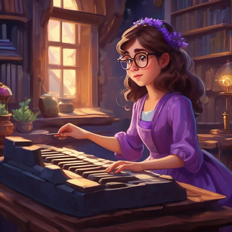 Curious girl with brown hair, wearing glasses and a purple dress typing on a magical keyboard