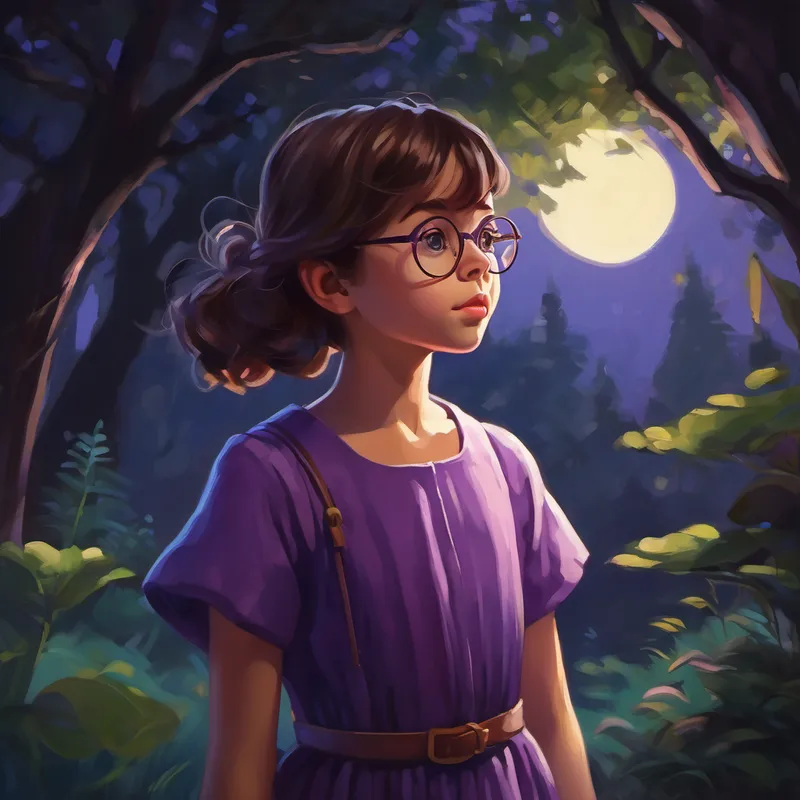Curious girl with brown hair, wearing glasses and a purple dress surrounded by a peaceful darkness