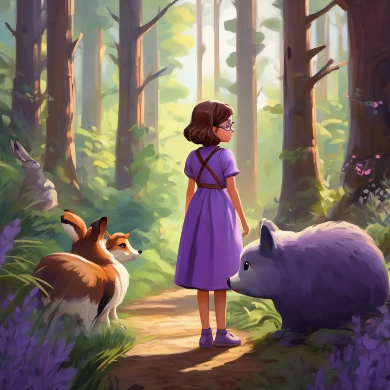 Curious girl with brown hair, wearing glasses and a purple dress talking to animals in the forest
