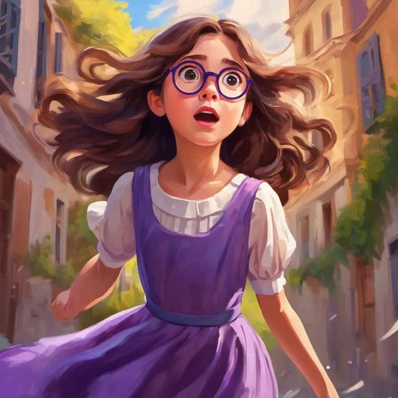 Curious girl with brown hair, wearing glasses and a purple dress floating in the air with a surprised look