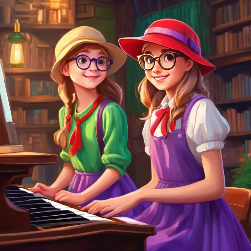 Curious girl with brown hair, wearing glasses and a purple dress and Adventurous girl with blonde hair, a red hat, and a green skirt smiling and looking at the keyboard