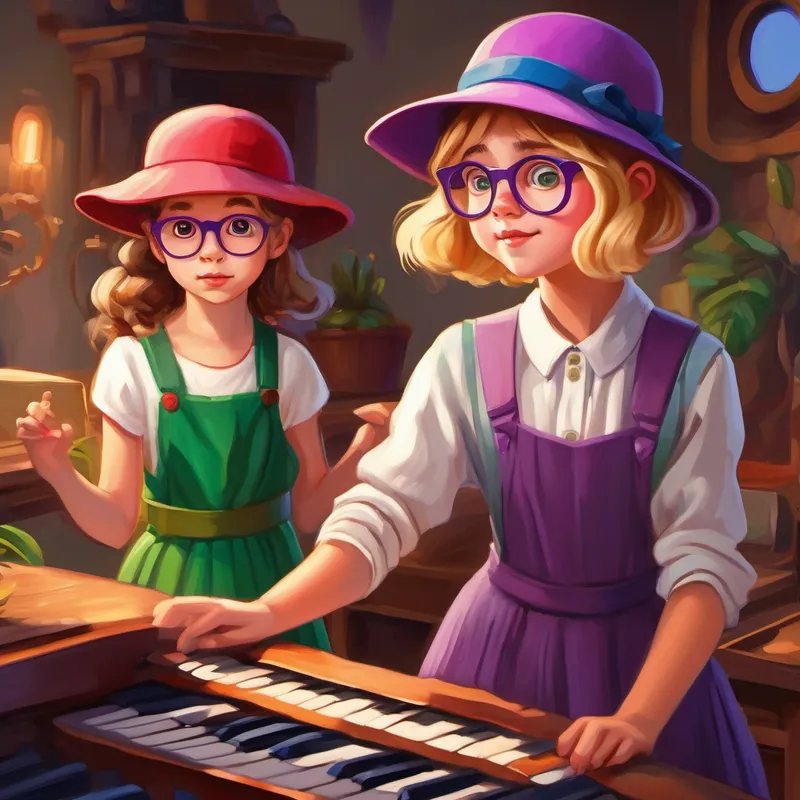 Curious girl with brown hair, wearing glasses and a purple dress and Adventurous girl with blonde hair, a red hat, and a green skirt pressing different keys with curiosity