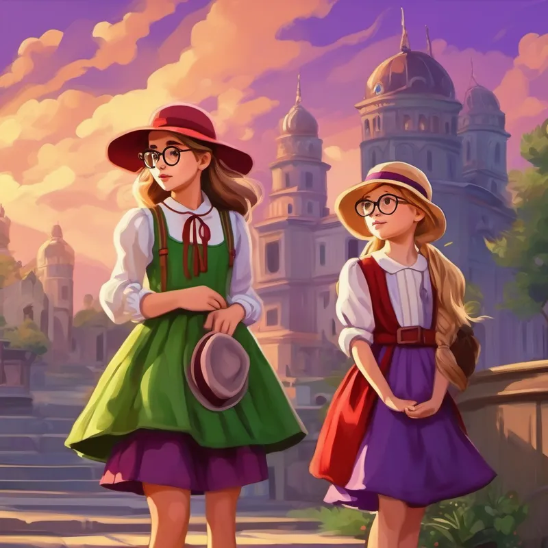 Curious girl with brown hair, wearing glasses and a purple dress and Adventurous girl with blonde hair, a red hat, and a green skirt watching historical events