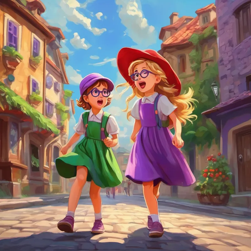 Curious girl with brown hair, wearing glasses and a purple dress and Adventurous girl with blonde hair, a red hat, and a green skirt being surprised by the earthquake