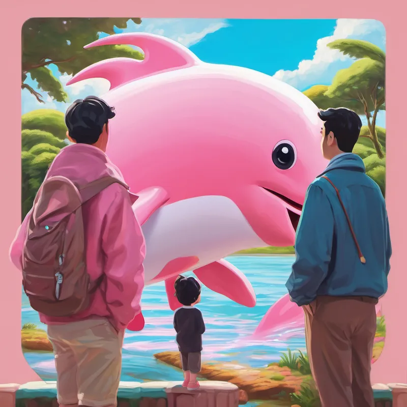 Three characters looking at a pink dolphin