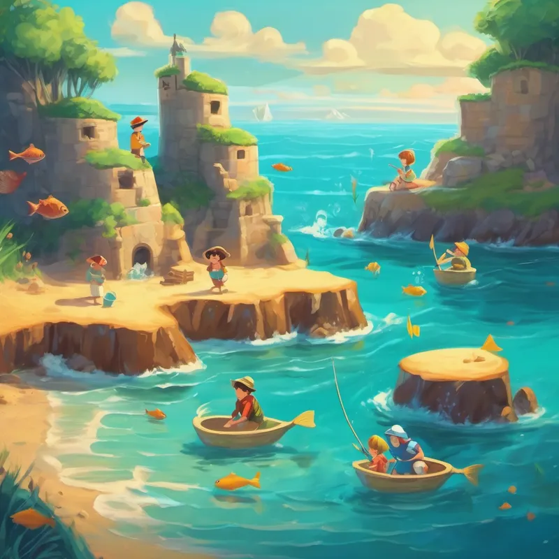 Three characters building sandcastles with fish in the sea