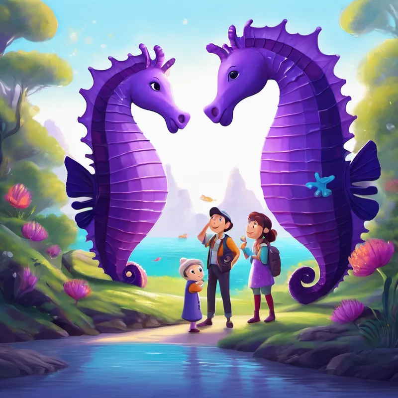 Three characters saying hello to a purple seahorse