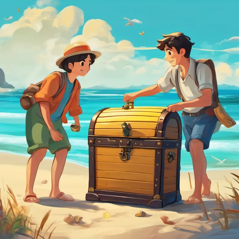 Three characters finding a treasure chest on the beach