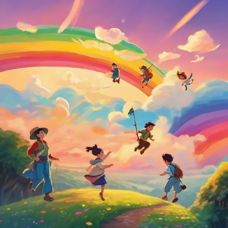 Three characters flying on a rainbow at sunset