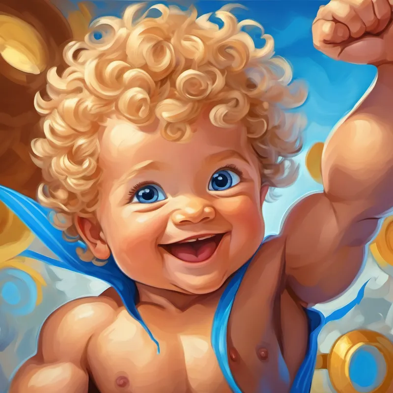 Baby Strong baby boy with curly blond hair, blue eyes flexes his muscles and smiles