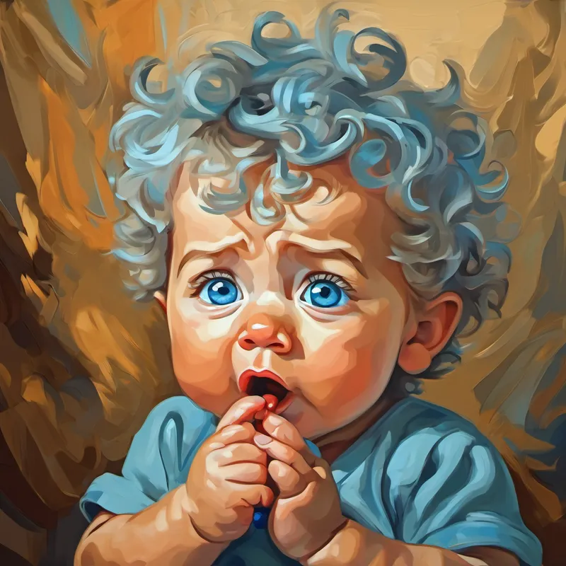 Baby Strong baby boy with curly blond hair, blue eyes cries and holds his nose