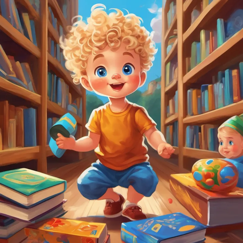 Strong baby boy with curly blond hair, blue eyes's parents juggle toys, books, and food