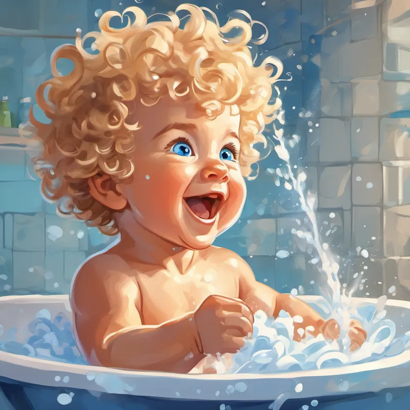 Strong baby boy with curly blond hair, blue eyes splashes in the bath, eats, and giggles