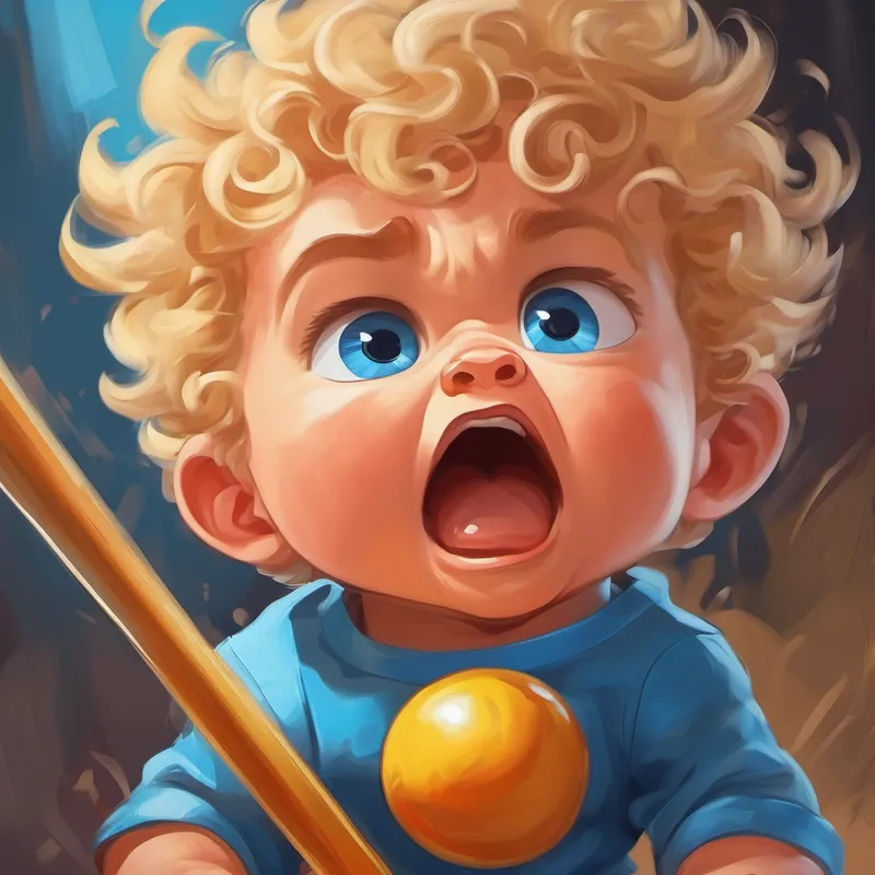 Strong baby boy with curly blond hair, blue eyes throws toys and makes an angry face