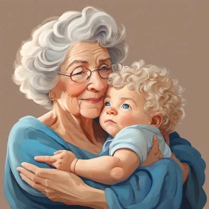 Grandma holds Strong baby boy with curly blond hair, blue eyes and embraces him tightly