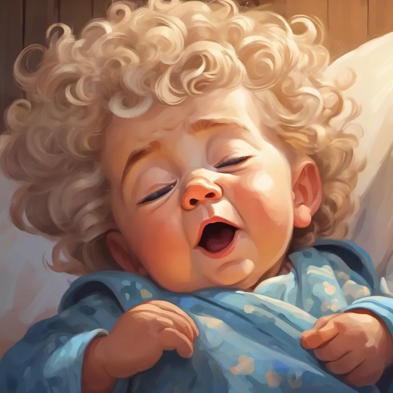 Grandma sings and rocks Strong baby boy with curly blond hair, blue eyes to sleep