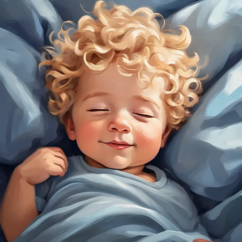 Strong baby boy with curly blond hair, blue eyes sleeps soundly with a cute smile