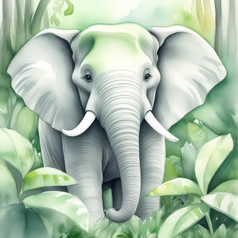Friendly grey Elephant with a happy smile and long trunk in a green jungle, feeling scared and lonely