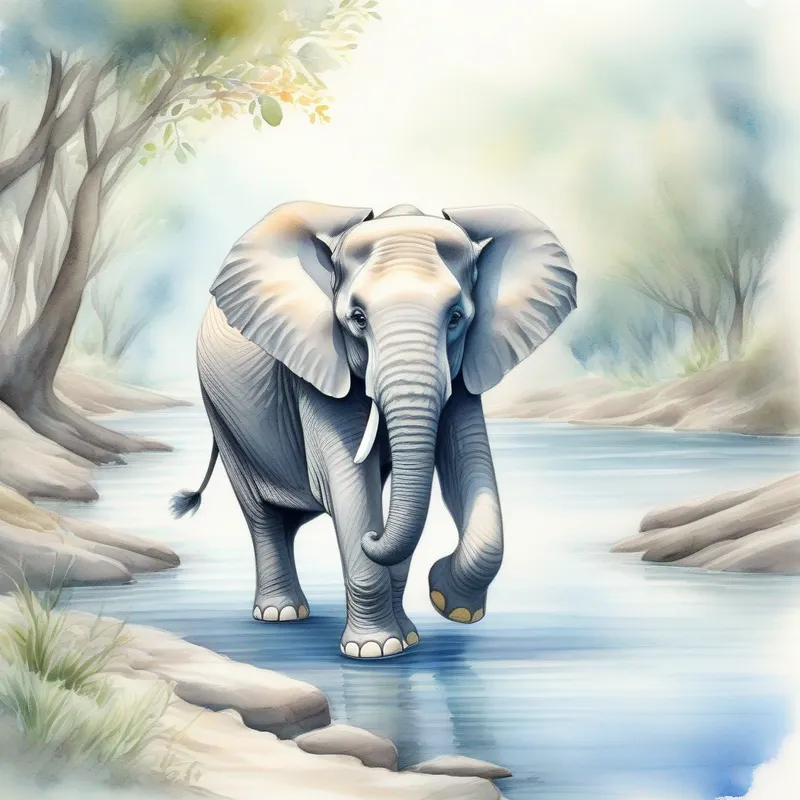 Friendly grey Elephant with a happy smile and long trunk with a wise owl, walking along the blue river