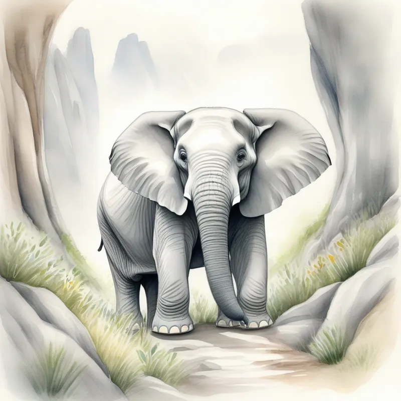 Friendly grey Elephant with a happy smile and long trunk sitting near a big gorge, feeling sad but patient