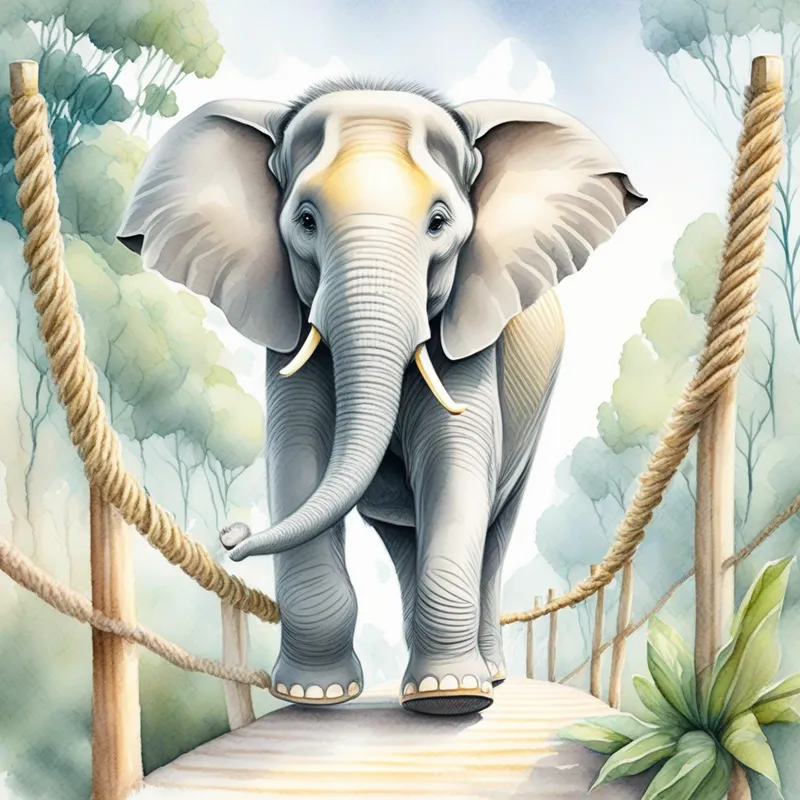Friendly grey Elephant with a happy smile and long trunk crossing the rope bridge made by the monkey