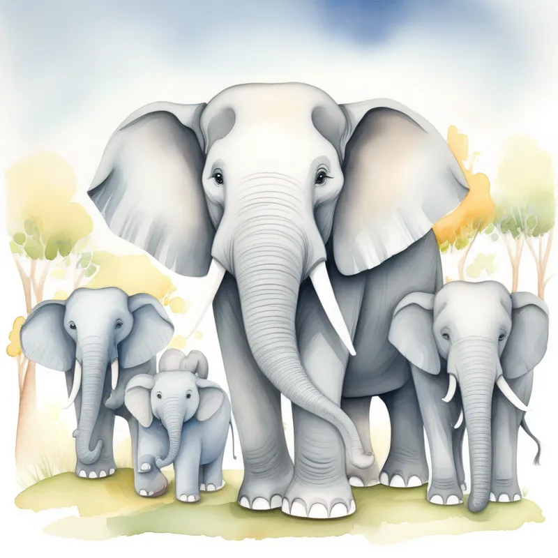 Friendly grey Elephant with a happy smile and long trunk surrounded by family and friends, living happily