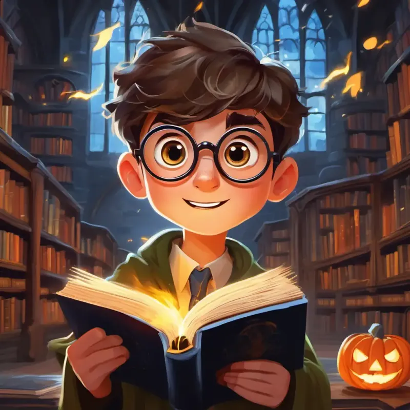 In the Hogwarts library, Harry Potter: A brave and curious young wizard with a lightning bolt scar and round glasses is reading books with excitement.
