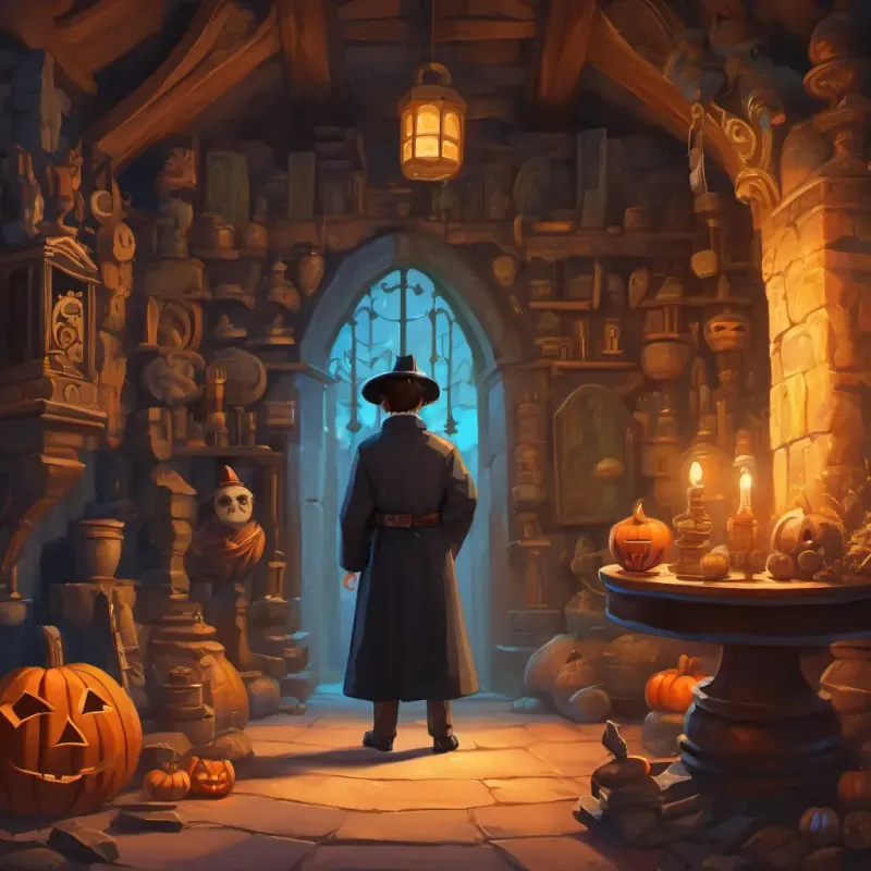 Harry stands in a room filled with ancient artifacts and a riddle on the wall.