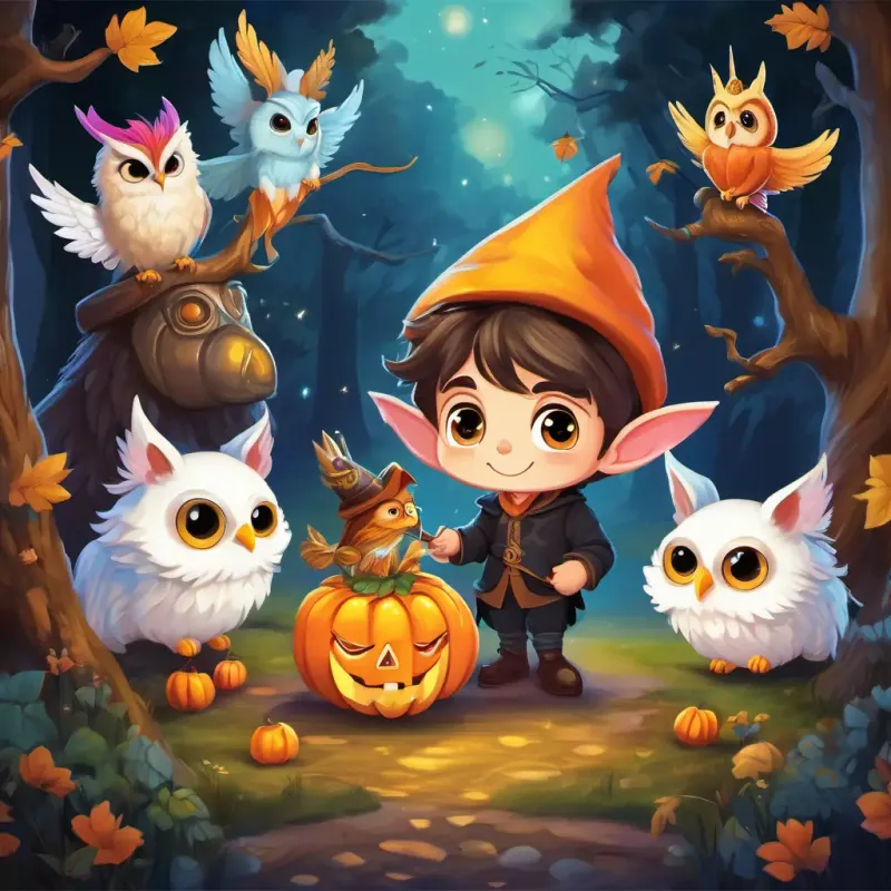 Harry is surrounded by a Mischievous gnome: A small creature with pointy ears and a mischievous expression, a Wise owl: An owl with golden feathers, displaying wisdom and intelligence, and a Playful unicorn: A unicorn with a shimmering horn, representing playfulness and magic.