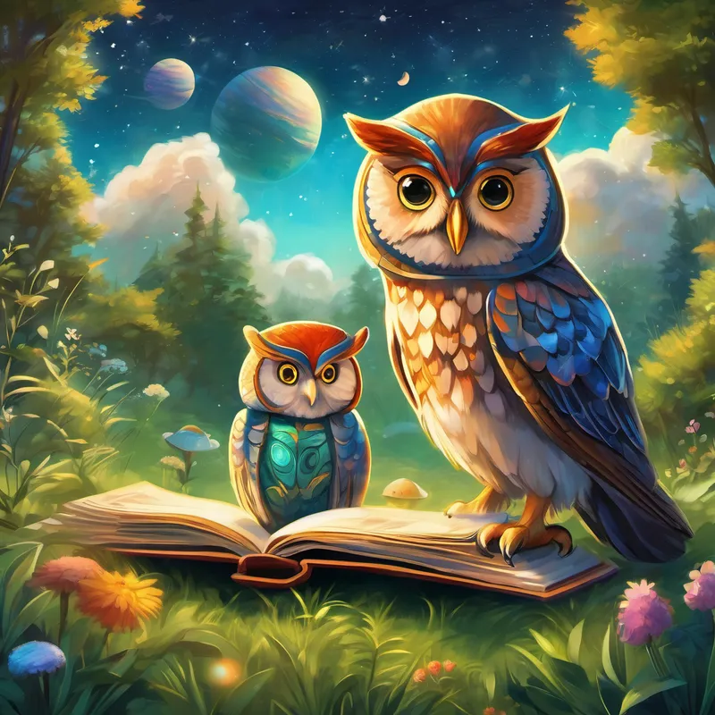 As they opened the book, a holographic message appeared. It was from a wise old owl named Oliver. "Greetings, young adventurers! If you wish to travel to outer space, join me at the magical meadow at midnight. Together, we will embark on a mission to learn about the wonders of the universe." Benny and Rosie's excitement knew no bounds. They shared the news with their animal friends, who were equally thrilled to join the cosmic expedition. The group of friends gathered at the meadow, ready for their space adventure to begin.