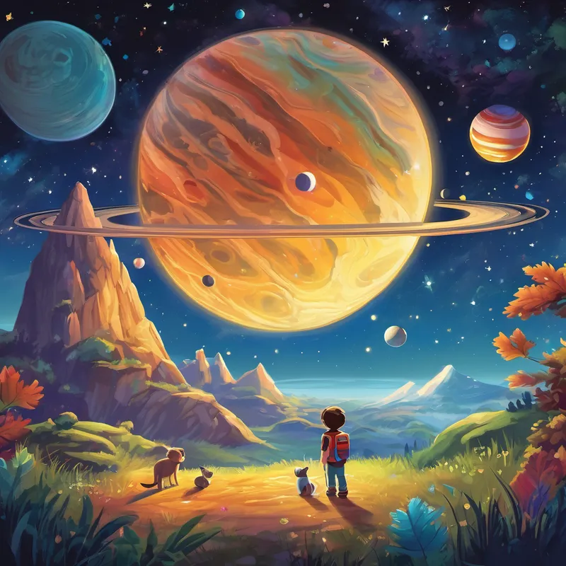 As the clock struck midnight, Oliver and his trusty telescope emerged from the shadows. He had an incredible spaceship crafted from rainbow-colored leaves. The animals cheered with joy! Benny, Rosie, and their friends boarded the spaceship, eager to explore the mysteries of the universe. Their first stop was the shimmering planet of Saturn. They marveled at its beautiful rings, made of countless icy rocks. Oliver explained that these rings help scientists understand the birth of planets and the wonders of gravity. Benny and Rosie learned so much about the solar system and took notes together.