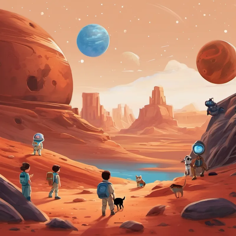 Next, they voyaged to the red planet, Mars. The animals were astounded by its rusty surface and towering volcanoes. They discovered that scientists believe Mars might have had water and may even have the potential for life! Benny and Rosie couldn't wait to share this amazing fact with their classmates back home. Finally, the spaceship landed on the moon. The animals hopped out and marveled at the vastness of space. Oliver guided the group to a spot where they could see Earth in all its beauty. He pointed out their home, a tiny blue dot shining amidst the darkness.