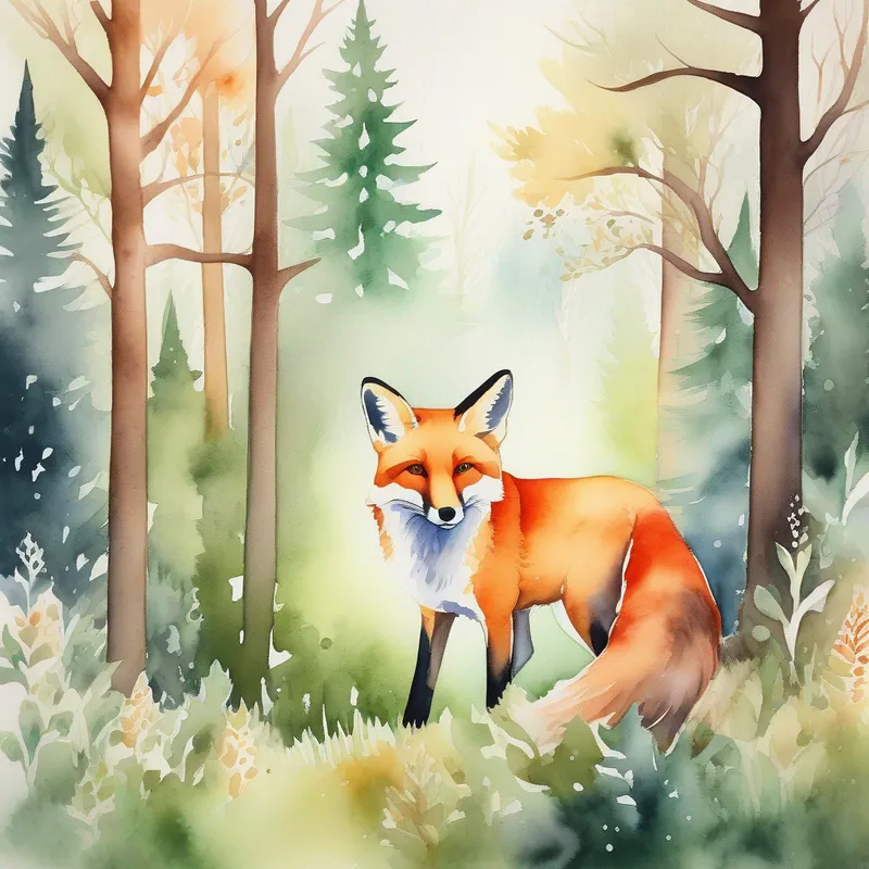 A picture of Fox in the forest, surrounded by trees