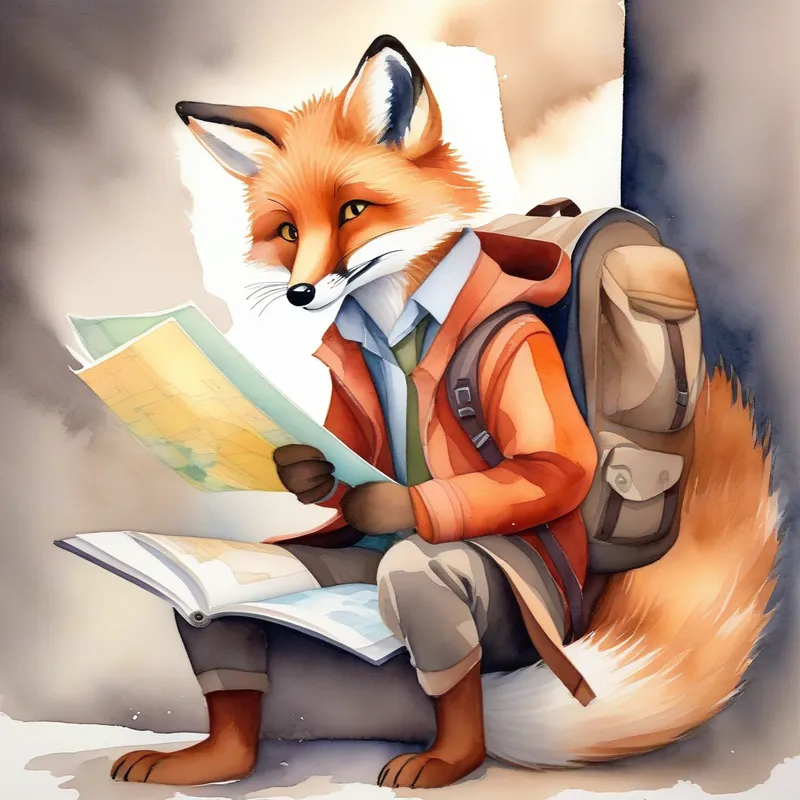 A picture of A smart and sly fox with a reddish-brown fur. putting on a backpack and holding a map