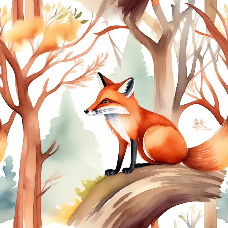 A picture of A smart and sly fox with a reddish-brown fur. scratching his head and a wise-looking owl perched on a branch