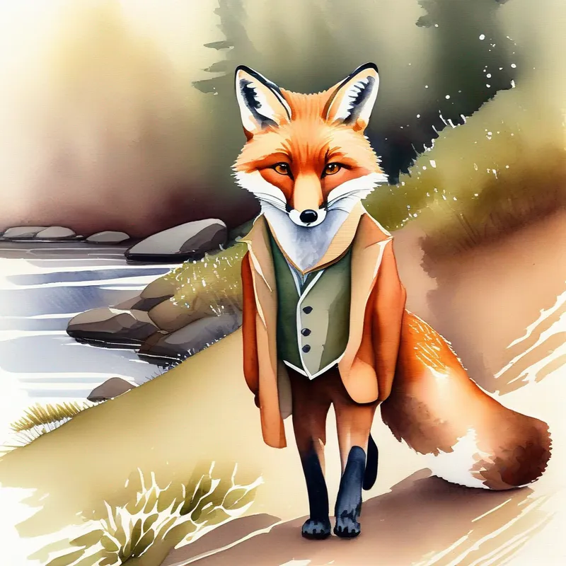 A picture of A smart and sly fox with a reddish-brown fur. walking towards a river