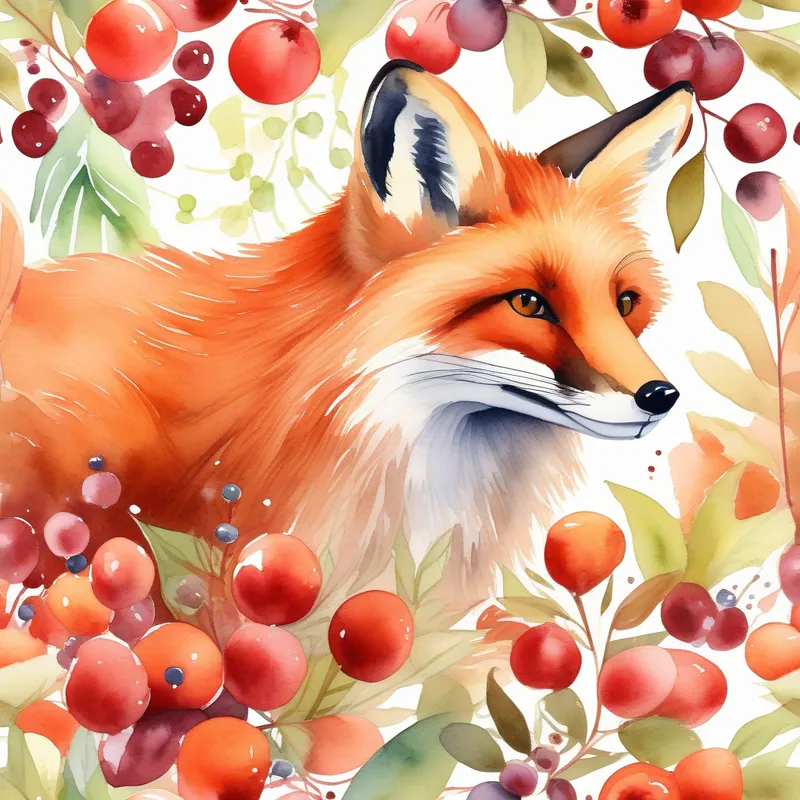 A picture of A smart and sly fox with a reddish-brown fur. happily munching on berries