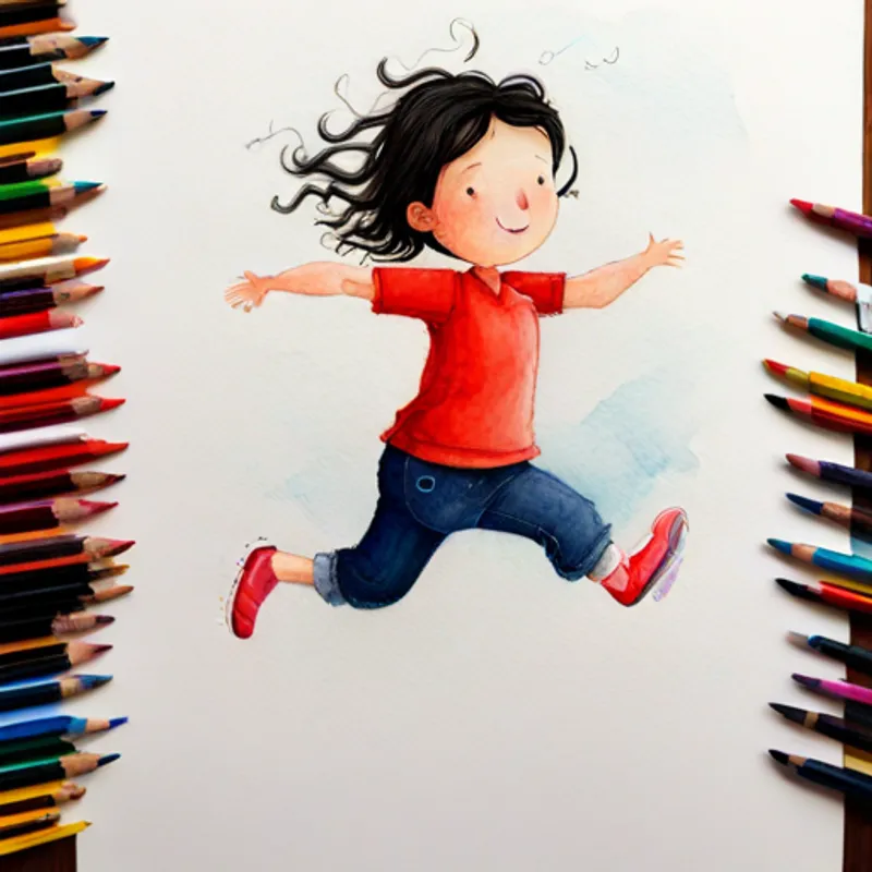 Aida, an adventurous girl with curly black hair. jumping with joy