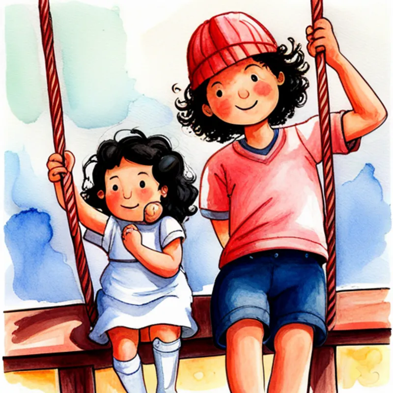 Aida, an adventurous girl with curly black hair. and Omar, a friendly boy wearing a white hat. playing on the swings