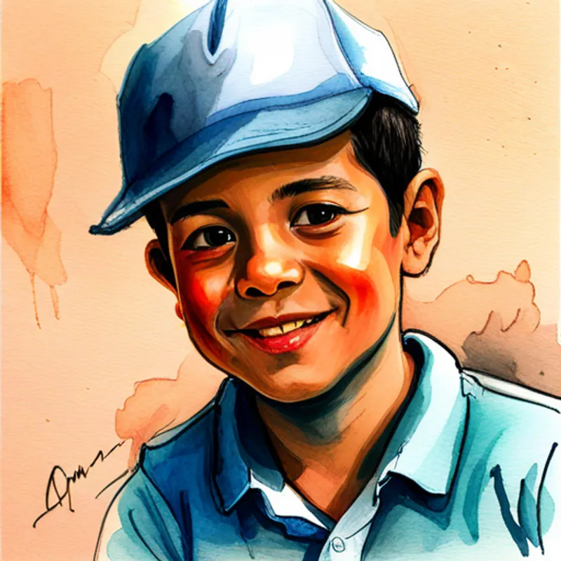 Omar, a friendly boy wearing a white hat. wearing a white hat and blue shirt